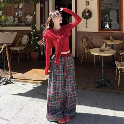 高腰毛呢格子阔腿长裤